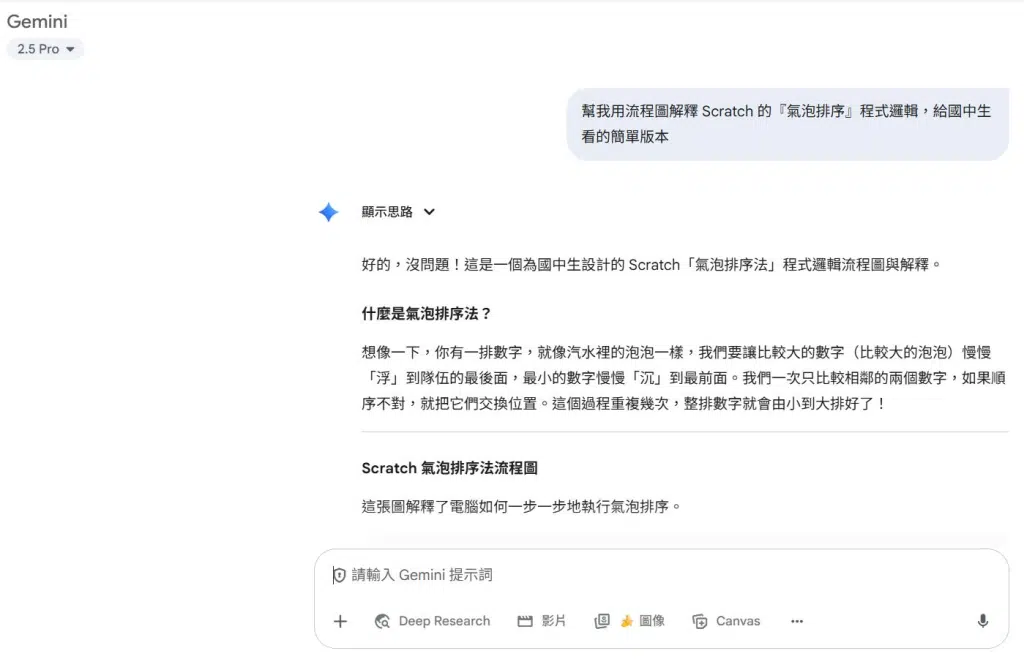 🚀 Gemini 教師認證心得:AI 教學應用與備課神器分享 8 「幫我用流程圖解釋 Scratch 的『氣泡排序』程式邏輯,給國中生看的簡單版本。」