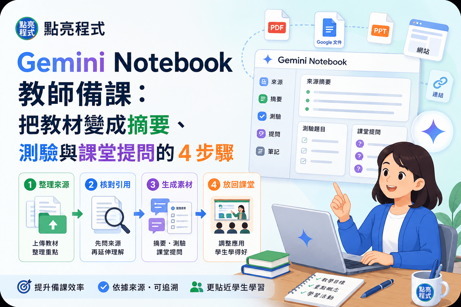 Gemini Notebook 教師備課:把教材變成摘要、測驗與課堂提問的 4 步驟 2 Gemini Notebook 教師備課|點亮程式教師實用工具