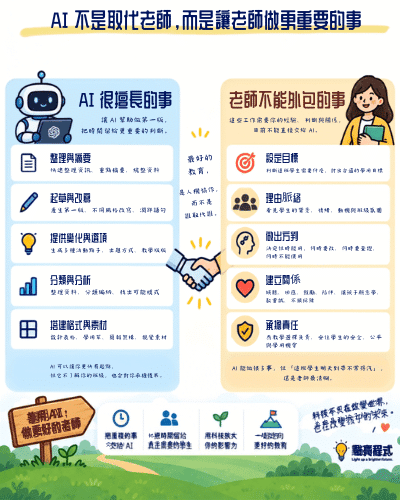 AI 擅長的工作與老師不能外包的工作比較圖