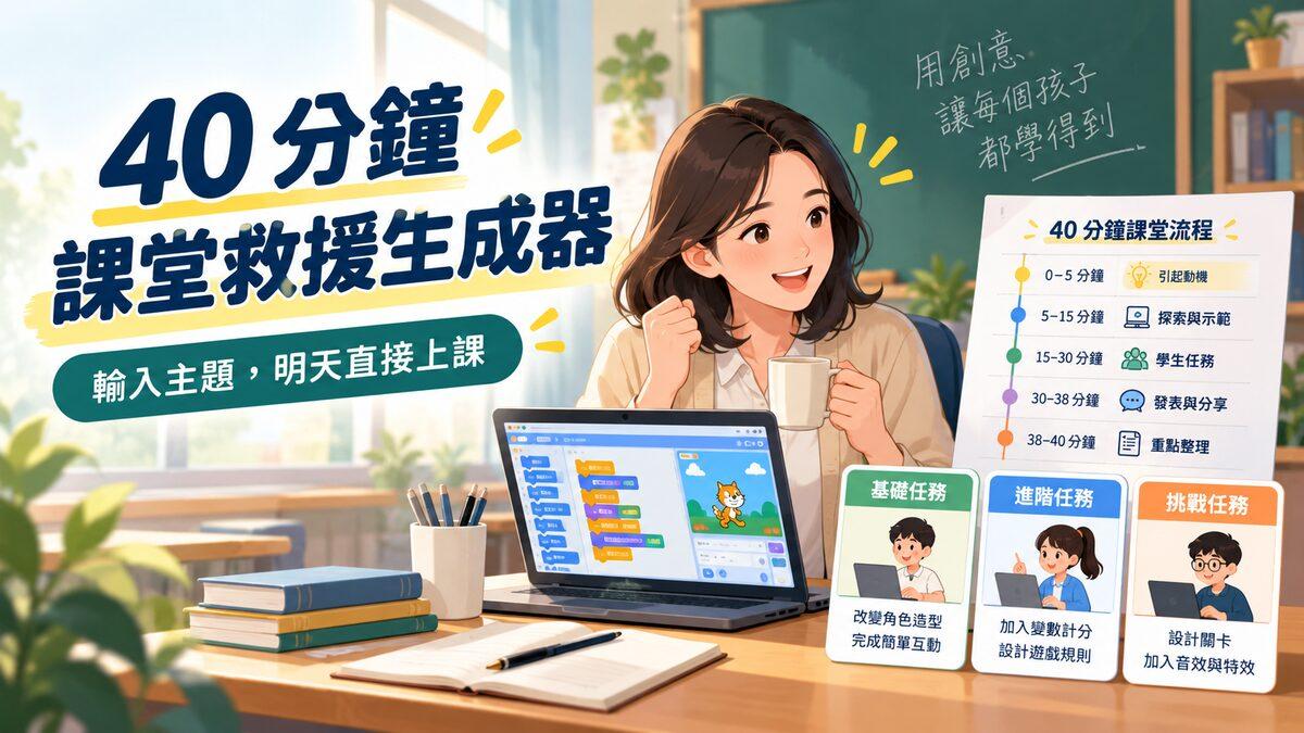 40 分鐘課堂救援生成器，協助 Scratch 老師產生課堂流程、分層任務與離堂票