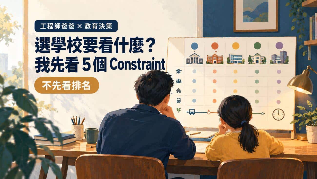 選學校要看什麼?家長必看的 5 個現實條件與選校表 2 工程師爸爸與孩子在五個節點的教育選擇圖前討論,封面文字為「選學校要看什麼?我先看5個 Constraint,不先看排名」。