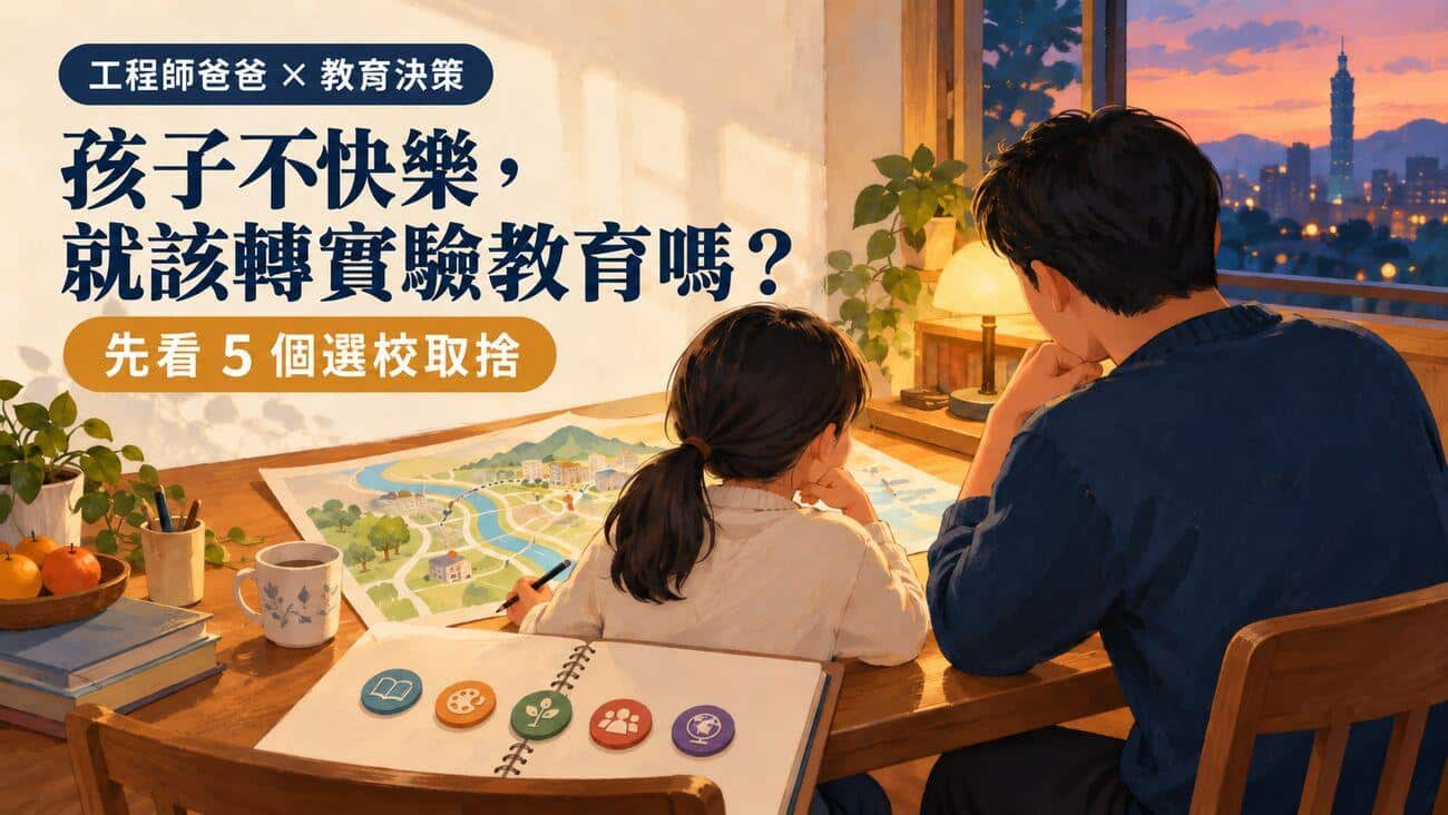 工程師爸爸與孩子一起看教育選擇地圖，封面文字為「孩子不快樂，就該轉實驗教育嗎？先看5個選校取捨」。