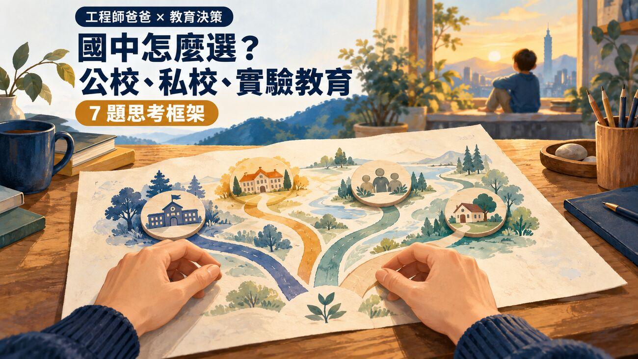 國中怎麼選?公校、私校與實驗教育比較全攻略 2 三條不同路徑代表公校、私校與實驗教育,封面文字為「國中怎麼選?公校、私校、實驗教育;7題思考框架」。